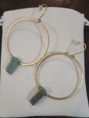 Handcrafted Gold Hoop Earrings with Green Amazonite Bars